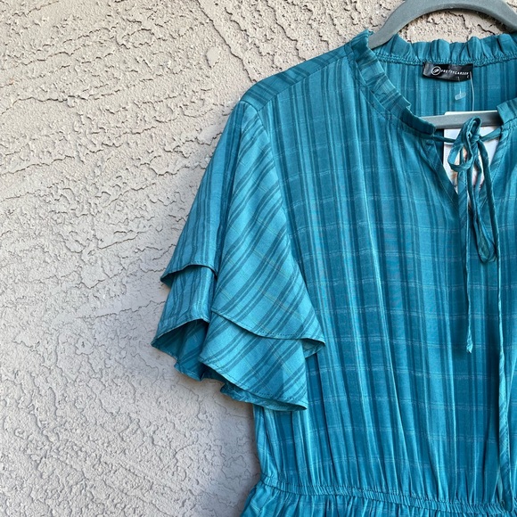 PRETTY GARDEN NWT Teal Green Subtle Striped Ruffle Flutter Sleeve Maxi Dress L - Picture 7 of 9